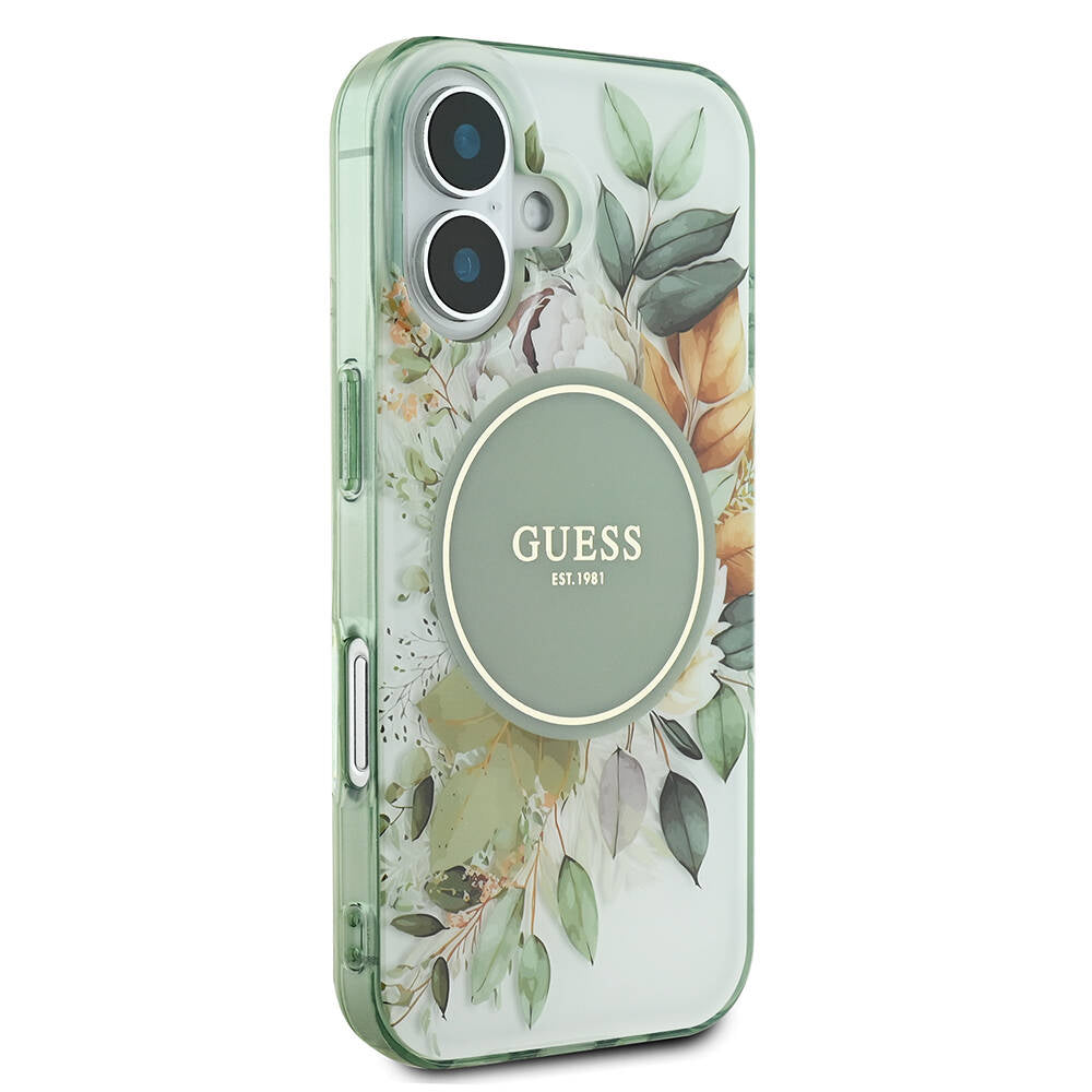 Puzdro MagSafe pre Apple iPhone 16 Plus, Guess, IML Flowers with Pearl Strap, Zelené