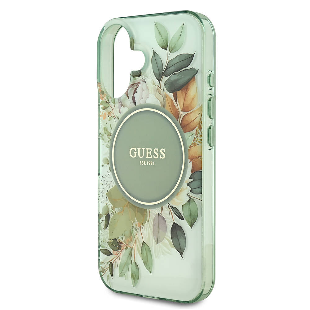 Puzdro MagSafe pre Apple iPhone 16 Plus, Guess, IML Flowers with Pearl Strap, Zelené