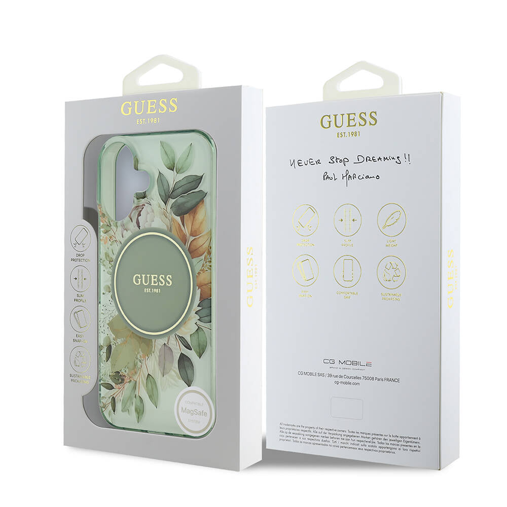 Puzdro MagSafe pre Apple iPhone 16 Plus, Guess, IML Flowers with Pearl Strap, Zelené