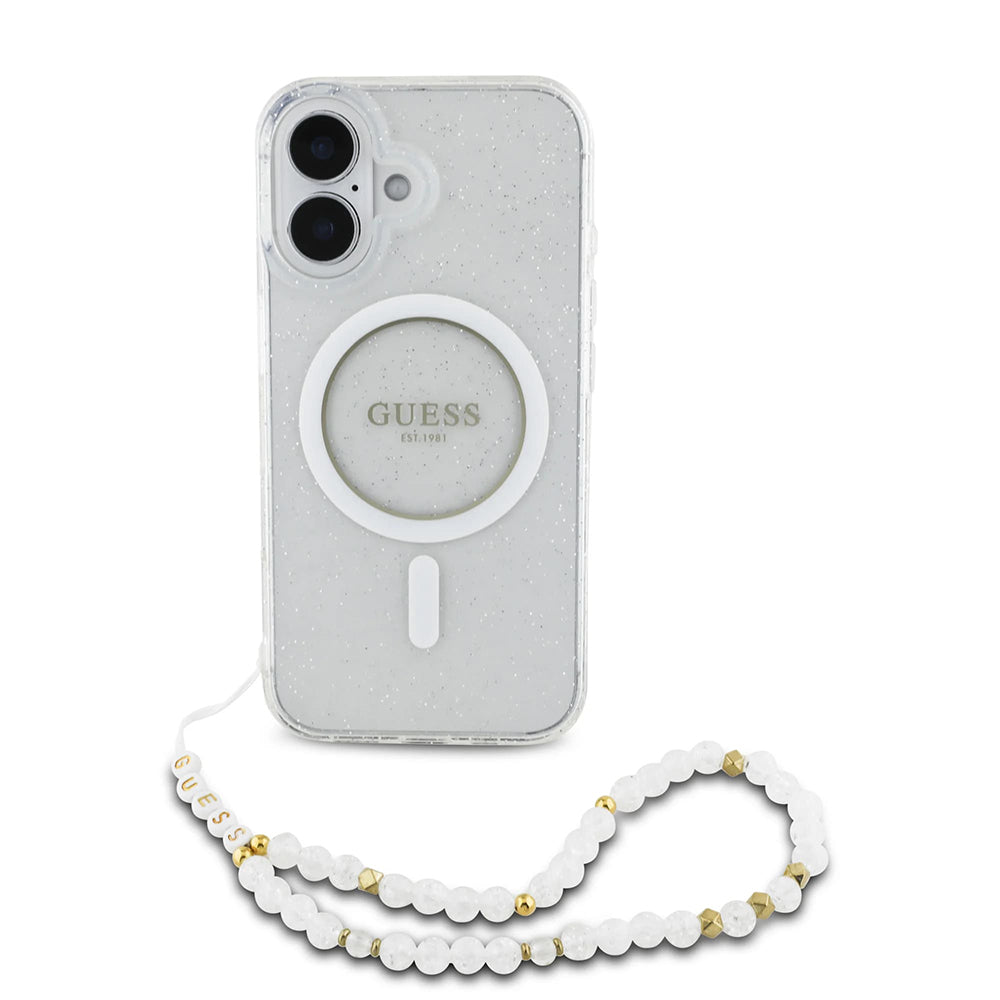 Puzdro MagSafe pre Apple iPhone 16 Plus, Guess, IML Glitter with Pearl Strap, Transparentné