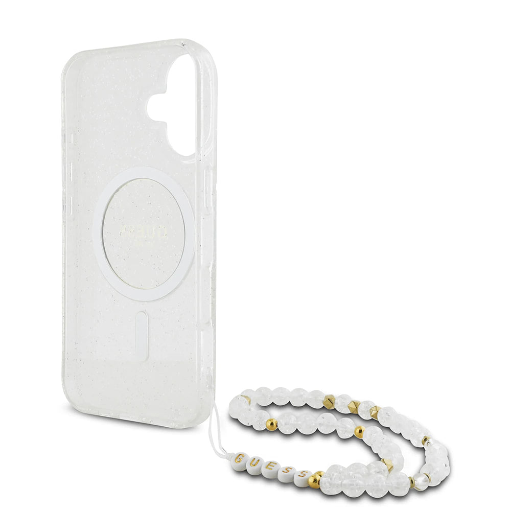 Puzdro MagSafe pre Apple iPhone 16 Plus, Guess, IML Glitter with Pearl Strap, Transparentné