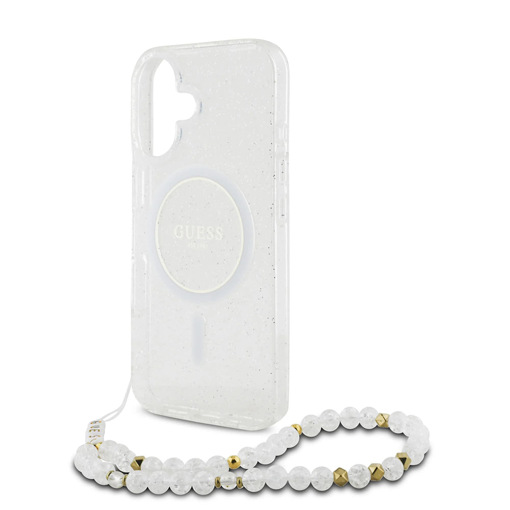 Puzdro MagSafe pre Apple iPhone 16 Plus, Guess, IML Glitter with Pearl Strap, Transparentné