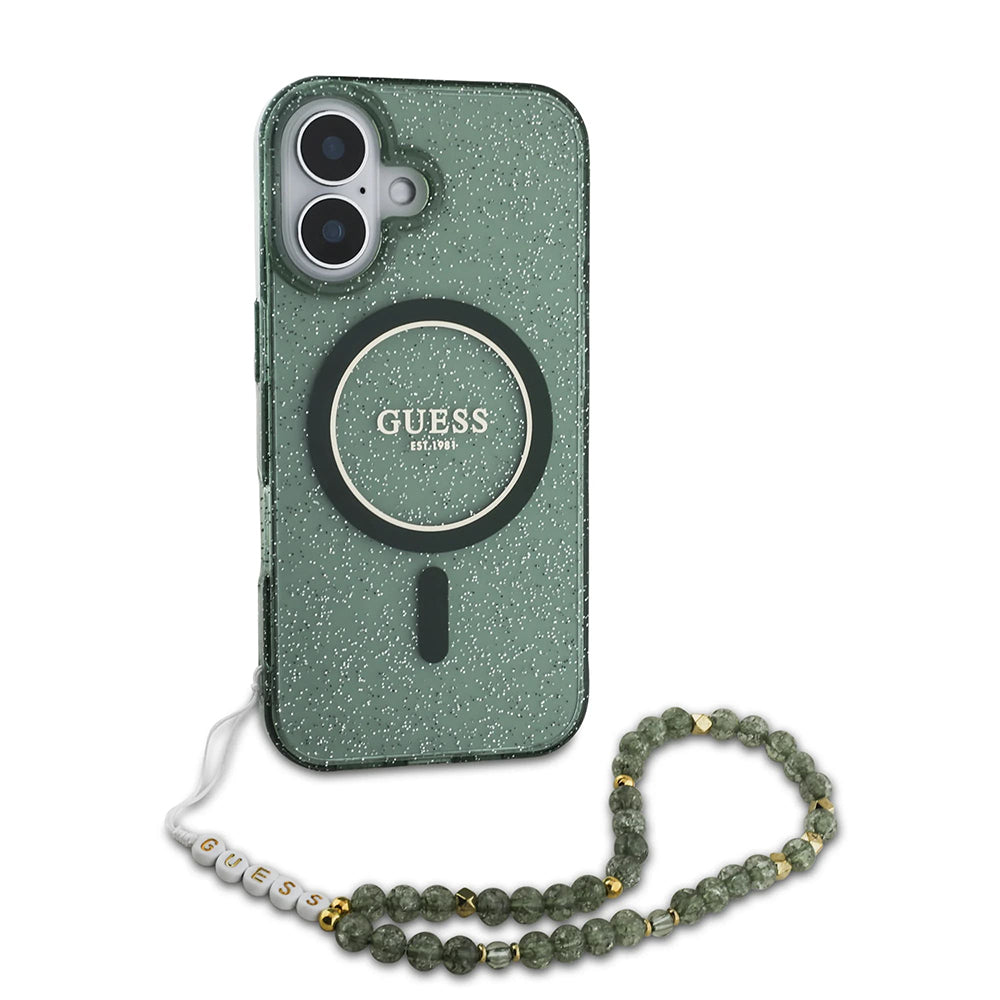 Puzdro MagSafe pre Apple iPhone 16 Plus, Guess, IML Glitter with Pearl Strap, Zelená