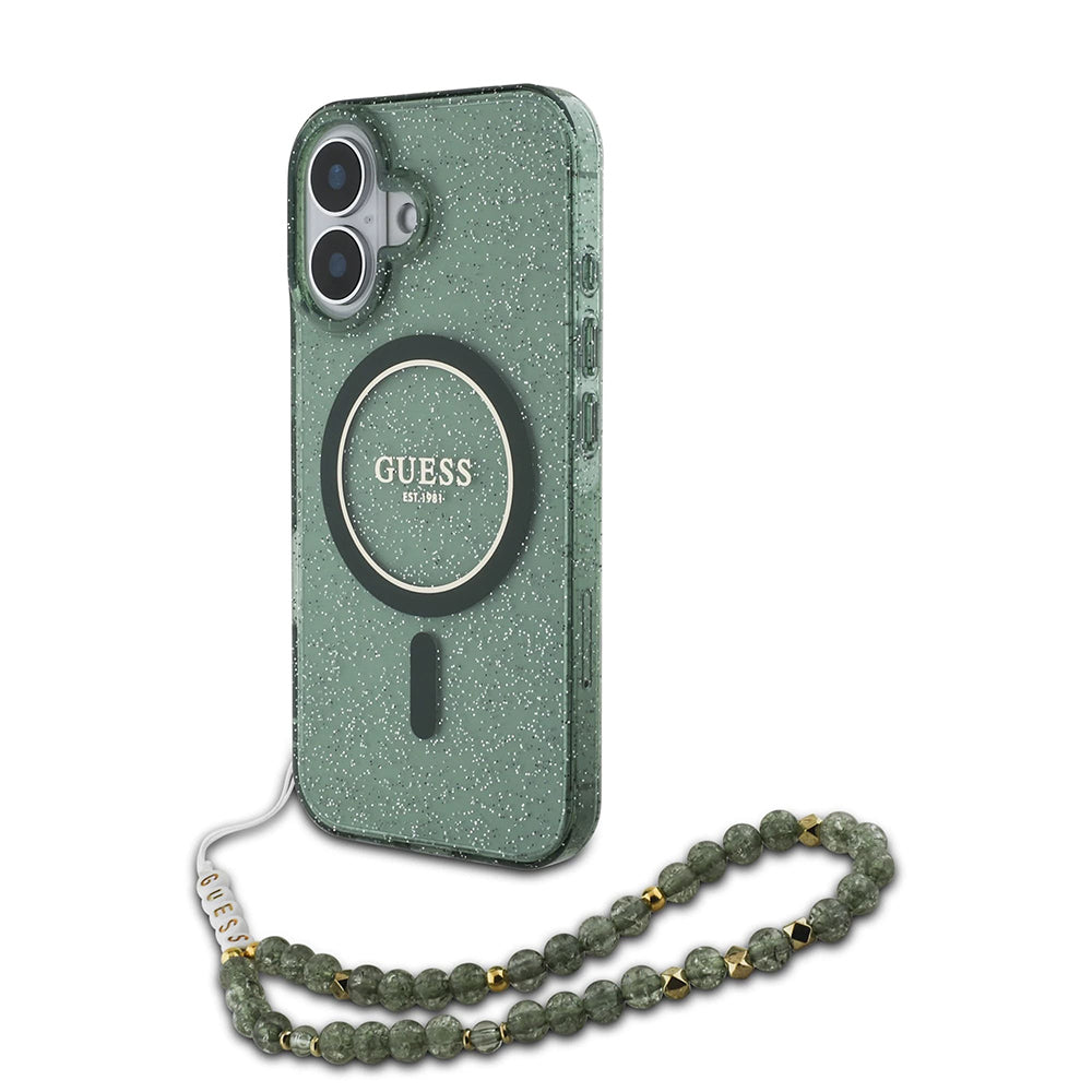 Puzdro MagSafe pre Apple iPhone 16 Plus, Guess, IML Glitter with Pearl Strap, Zelená