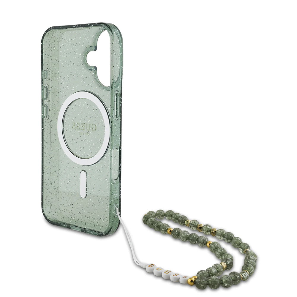 Puzdro MagSafe pre Apple iPhone 16 Plus, Guess, IML Glitter with Pearl Strap, Zelená