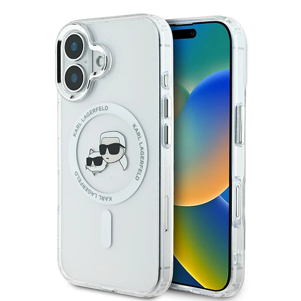 Puzdro MagSafe pre Apple iPhone 16 Plus, Karl Lagerfeld, IML Metal Karl & Choupette's Heads, Biela