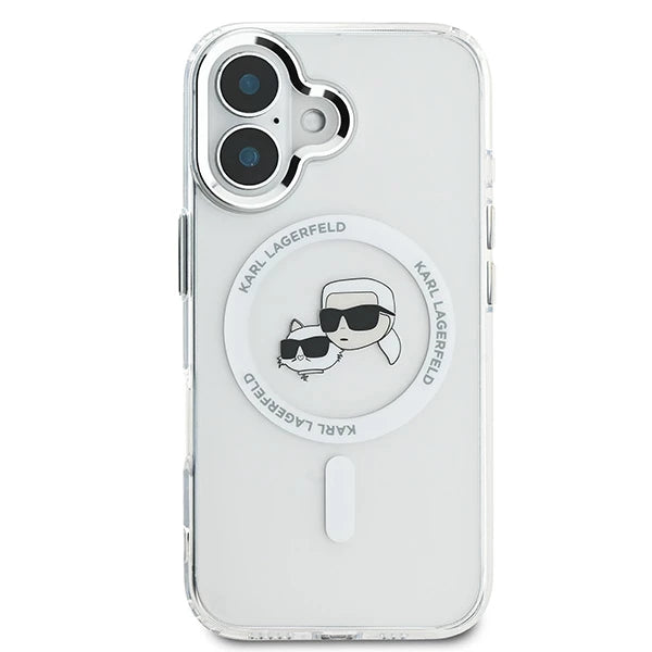 Puzdro MagSafe pre Apple iPhone 16 Plus, Karl Lagerfeld, IML Metal Karl & Choupette's Heads, Biela