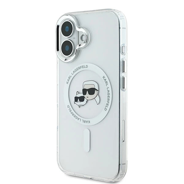 Puzdro MagSafe pre Apple iPhone 16 Plus, Karl Lagerfeld, IML Metal Karl & Choupette's Heads, Biela
