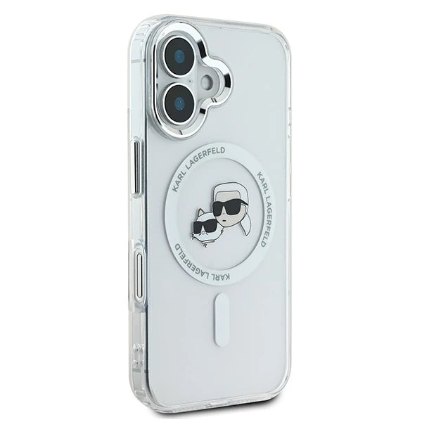 Puzdro MagSafe pre Apple iPhone 16 Plus, Karl Lagerfeld, IML Metal Karl & Choupette's Heads, Biela