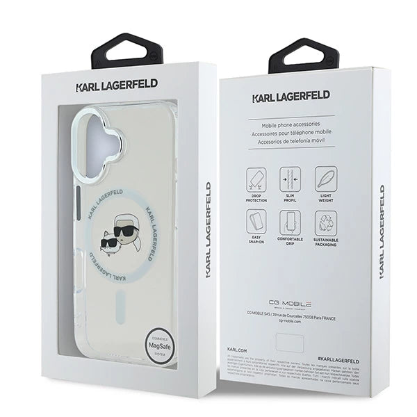 Puzdro MagSafe pre Apple iPhone 16 Plus, Karl Lagerfeld, IML Metal Karl & Choupette's Heads, Biela
