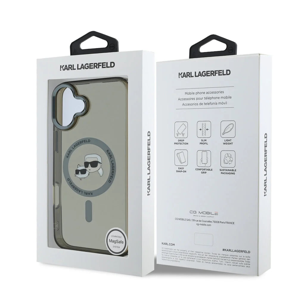 Puzdro MagSafe pre Apple iPhone 16 Plus, Karl Lagerfeld, IML Metal Karl & Choupette's Heads, Čierne