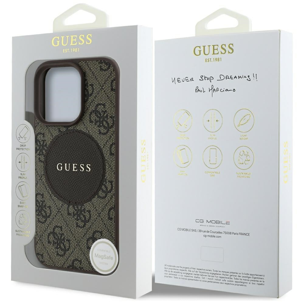Puzdro MagSafe pre Apple iPhone 16 Pro, Guess, 4G Circle Classic Logo, Hnedá