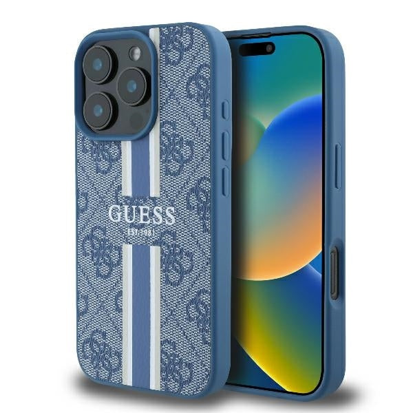 Puzdro MagSafe pre Apple iPhone 16 Pro, Guess, 4G Printed Stripes, Modrá