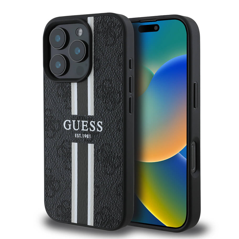Puzdro MagSafe pre Apple iPhone 16 Pro, Guess, 4G Printed Stripes, Čierne