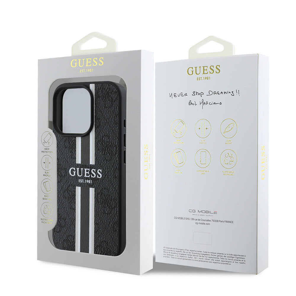 Puzdro MagSafe pre Apple iPhone 16 Pro, Guess, 4G Printed Stripes, Čierne