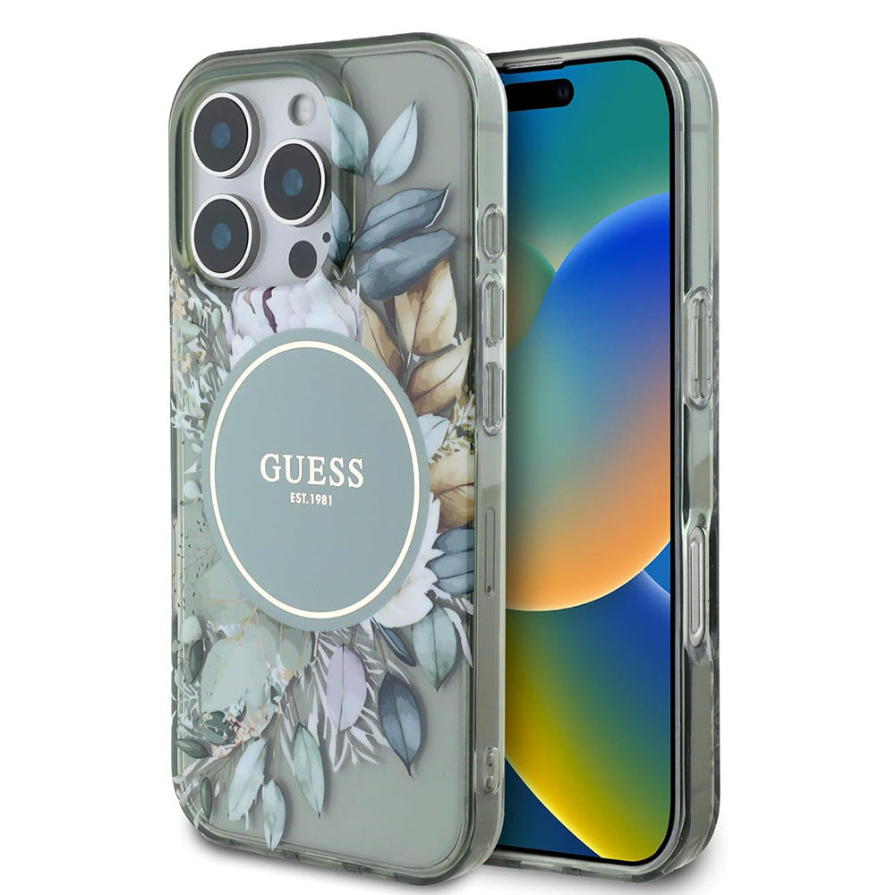 Puzdro MagSafe pre Apple iPhone 16 Pro, Guess, IML Flower & Tonal Circle, Zelená