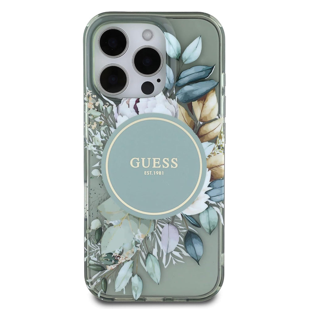 Puzdro MagSafe pre Apple iPhone 16 Pro, Guess, IML Flower & Tonal Circle, Zelená