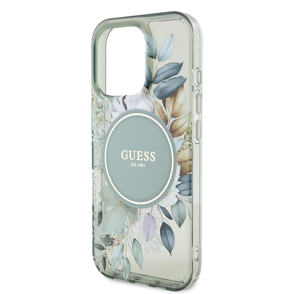 Puzdro MagSafe pre Apple iPhone 16 Pro, Guess, IML Flower & Tonal Circle, Zelená