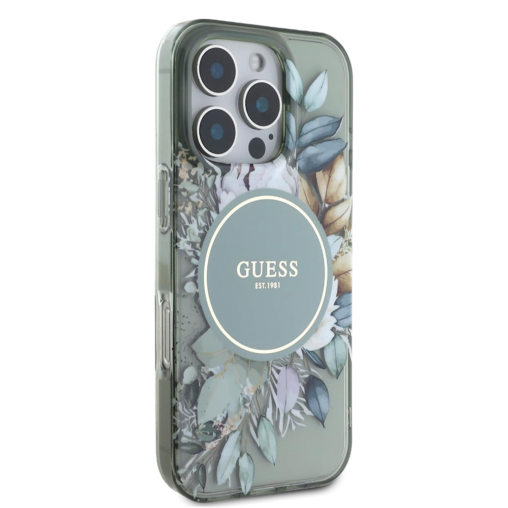 Puzdro MagSafe pre Apple iPhone 16 Pro, Guess, IML Flower & Tonal Circle, Zelená