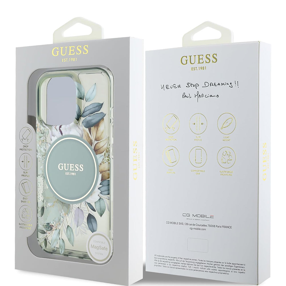 Puzdro MagSafe pre Apple iPhone 16 Pro, Guess, IML Flower & Tonal Circle, Zelená