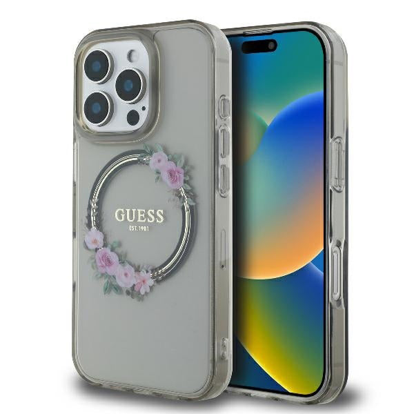 Puzdro MagSafe pre Apple iPhone 16 Pro, Guess, IML Flowers Wreath, Čierne