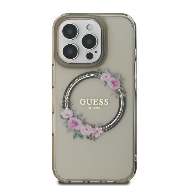 Puzdro MagSafe pre Apple iPhone 16 Pro, Guess, IML Flowers Wreath, Čierne