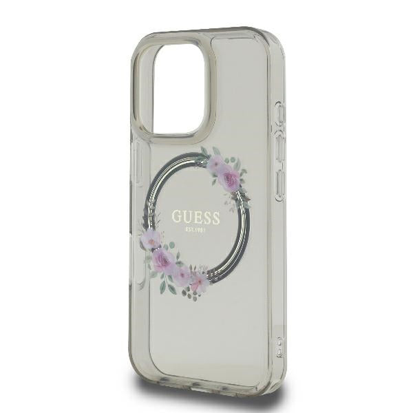 Puzdro MagSafe pre Apple iPhone 16 Pro, Guess, IML Flowers Wreath, Čierne