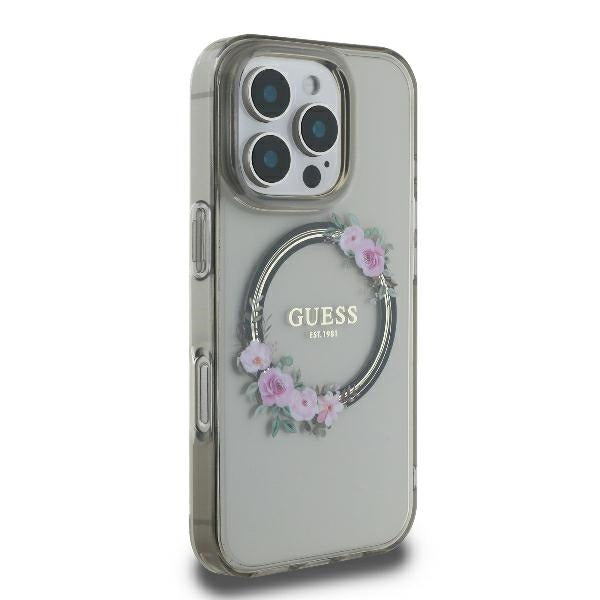 Puzdro MagSafe pre Apple iPhone 16 Pro, Guess, IML Flowers Wreath, Čierne