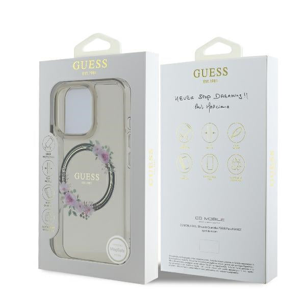 Puzdro MagSafe pre Apple iPhone 16 Pro, Guess, IML Flowers Wreath, Čierne