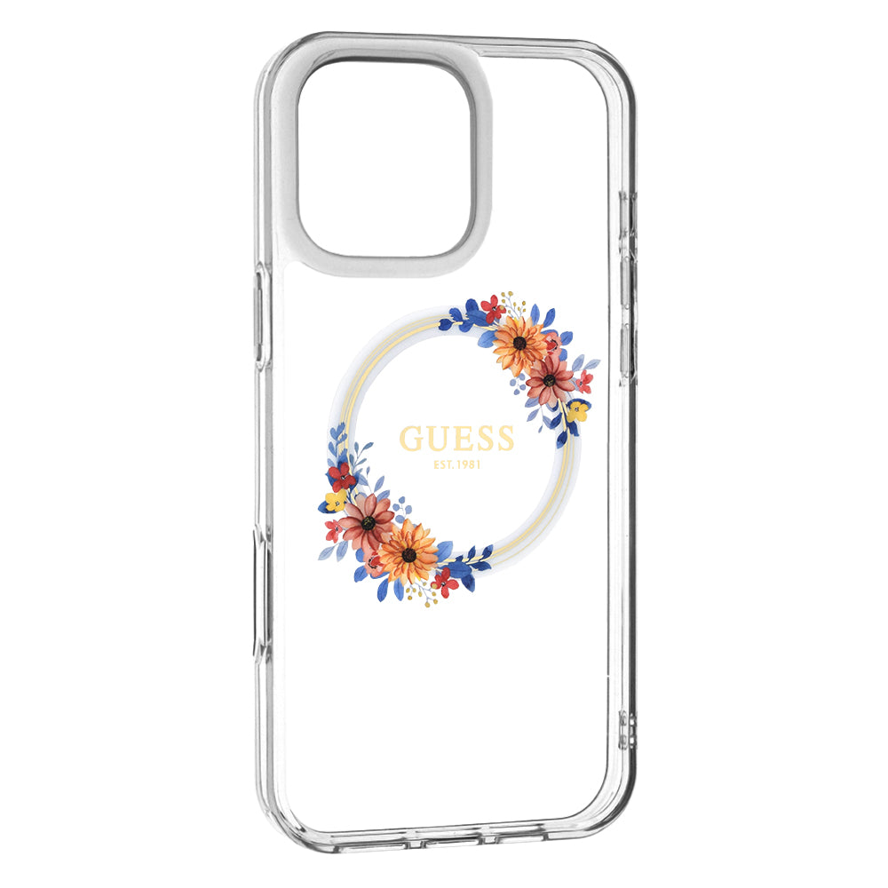 Puzdro MagSafe pre Apple iPhone 16 Pro, Guess, IML Flowers Wreath, Transparentné
