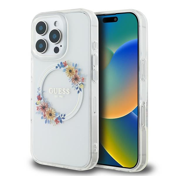 Puzdro MagSafe pre Apple iPhone 16 Pro, Guess, IML Flowers Wreath, Transparentné