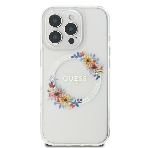 Puzdro MagSafe pre Apple iPhone 16 Pro, Guess, IML Flowers Wreath, Transparentné