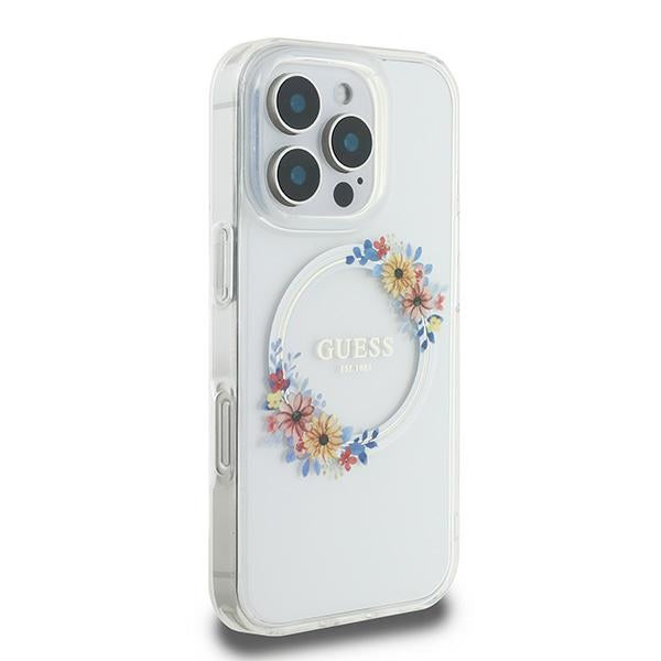 Puzdro MagSafe pre Apple iPhone 16 Pro, Guess, IML Flowers Wreath, Transparentné