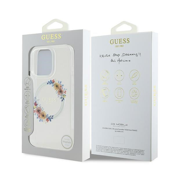 Puzdro MagSafe pre Apple iPhone 16 Pro, Guess, IML Flowers Wreath, Transparentné