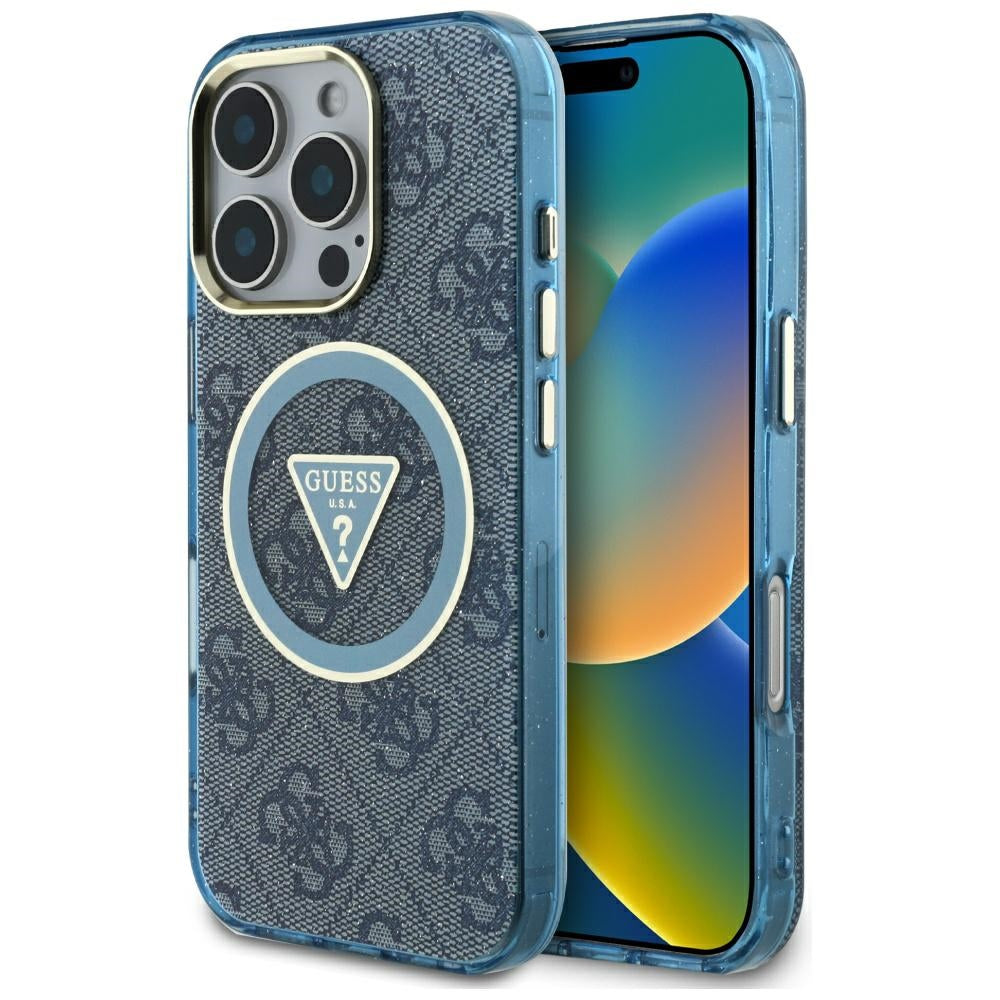 Puzdro MagSafe pre Apple iPhone 16 Pro, Guess, IML Glitter 4G Circle Triangle, Modrá