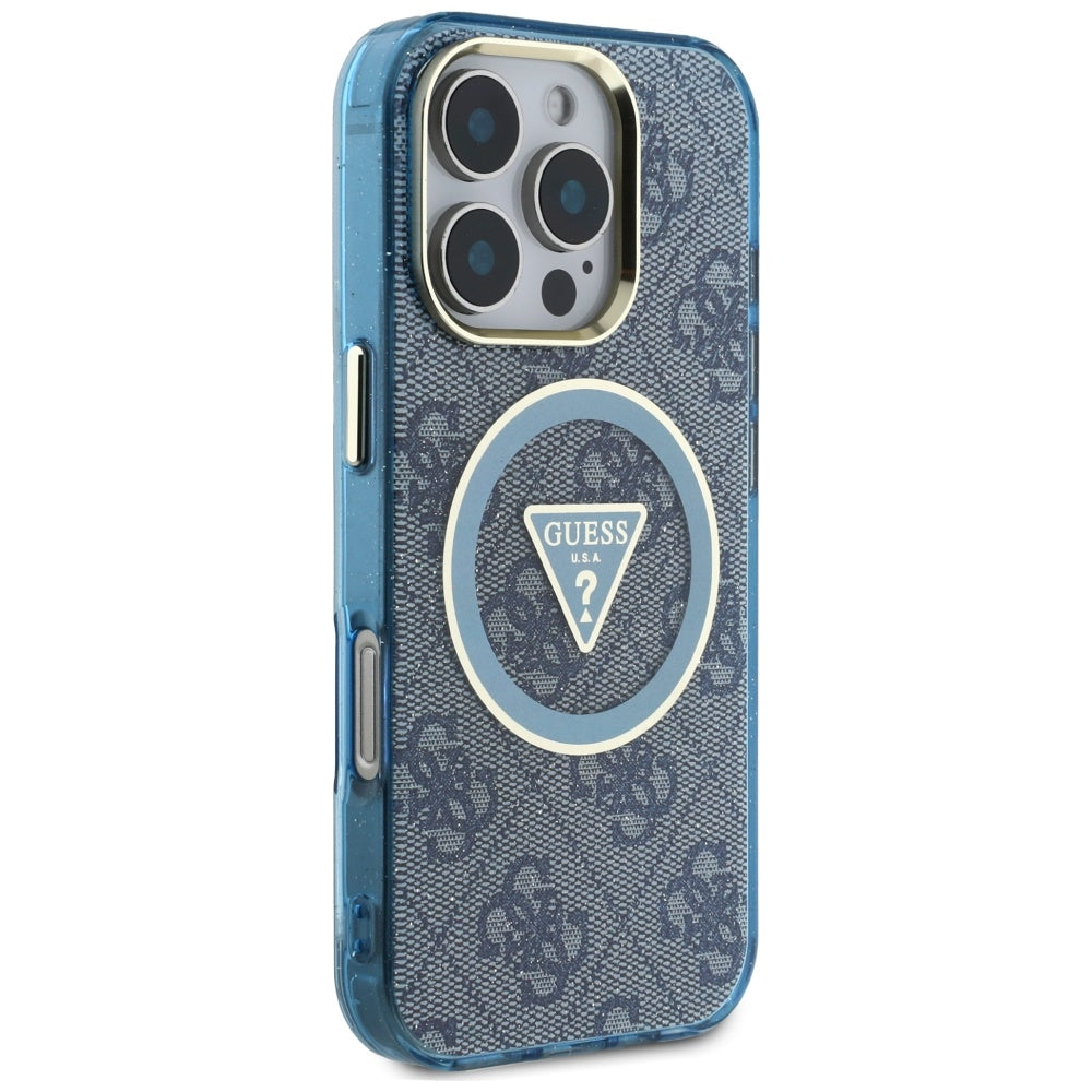 Puzdro MagSafe pre Apple iPhone 16 Pro, Guess, IML Glitter 4G Circle Triangle, Modrá