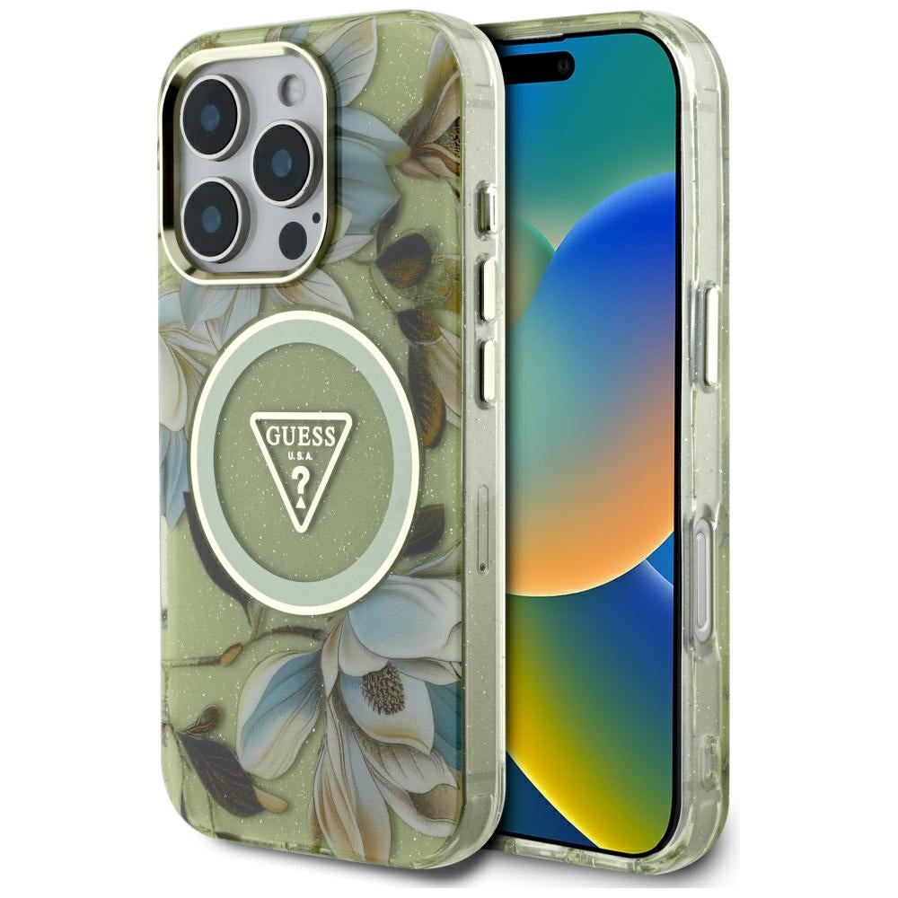 Puzdro MagSafe pre Apple iPhone 16 Pro, Guess, IML Metal Glitter Flowers Triangle, Zelená