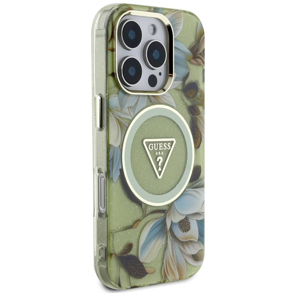 Puzdro MagSafe pre Apple iPhone 16 Pro, Guess, IML Metal Glitter Flowers Triangle, Zelená