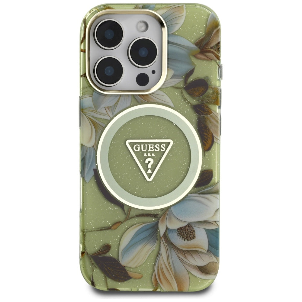 Puzdro MagSafe pre Apple iPhone 16 Pro, Guess, IML Metal Glitter Flowers Triangle, Zelená