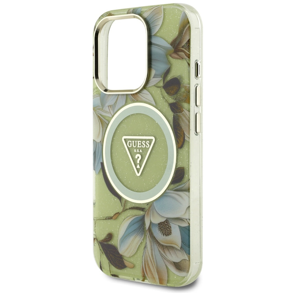 Puzdro MagSafe pre Apple iPhone 16 Pro, Guess, IML Metal Glitter Flowers Triangle, Zelená