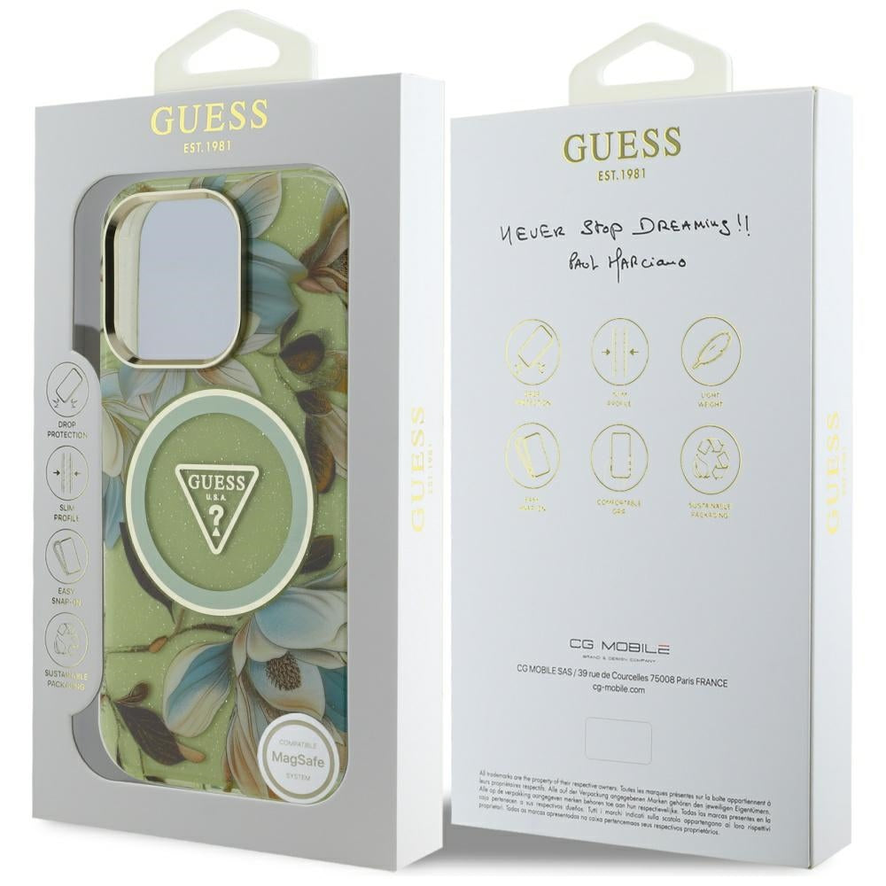 Puzdro MagSafe pre Apple iPhone 16 Pro, Guess, IML Metal Glitter Flowers Triangle, Zelená