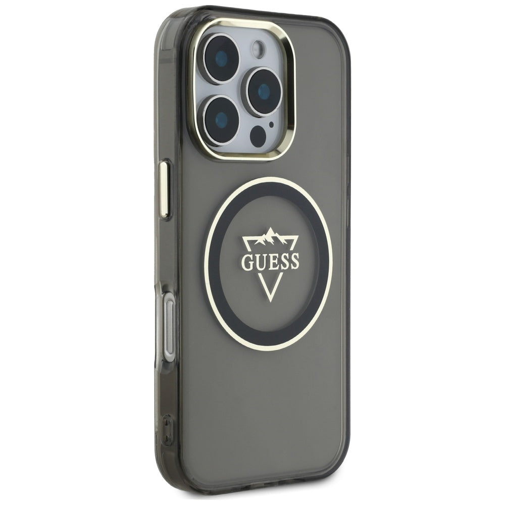 Puzdro MagSafe pre Apple iPhone 16 Pro, Guess, IML Metal Mountain Logo, Čierne