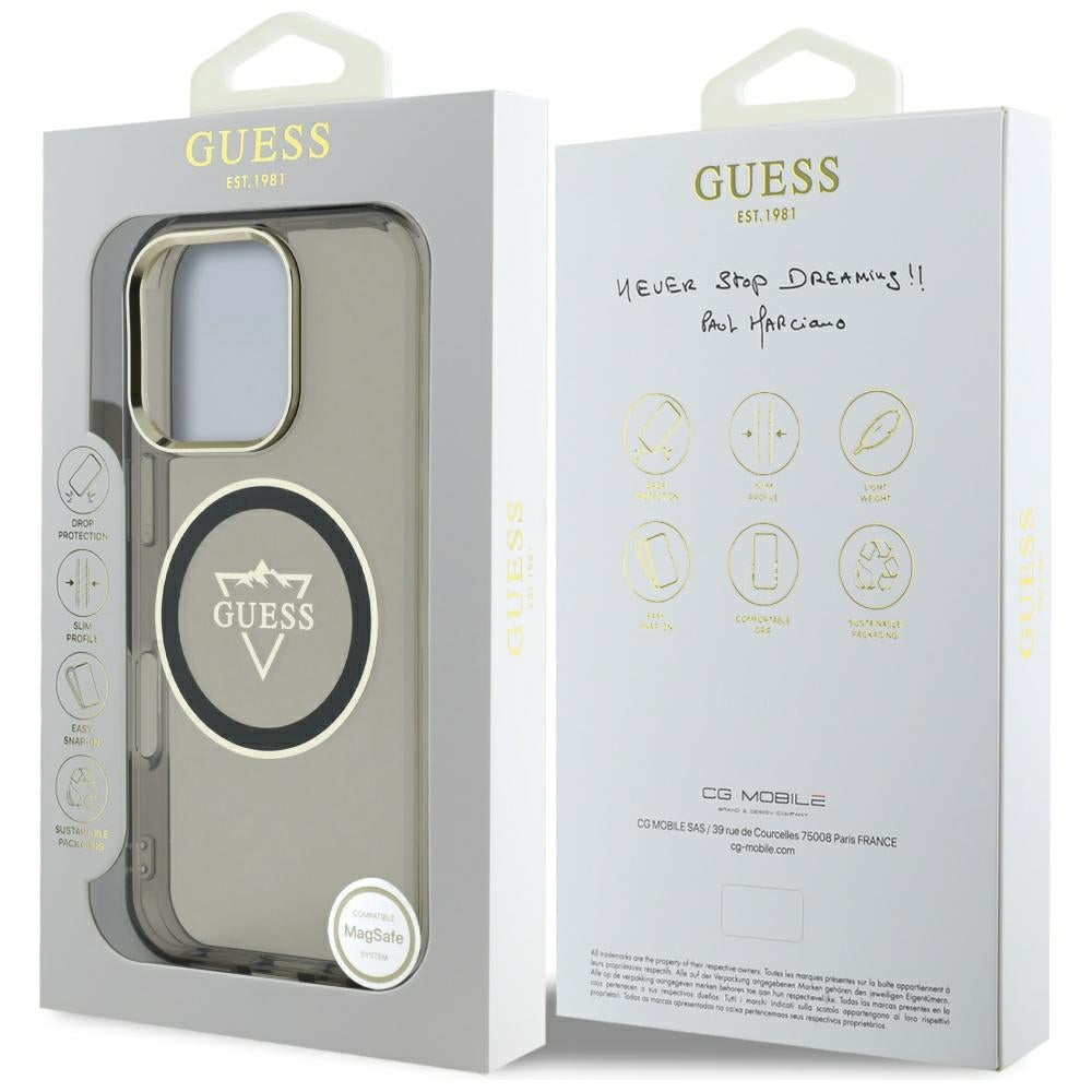 Puzdro MagSafe pre Apple iPhone 16 Pro, Guess, IML Metal Mountain Logo, Čierne