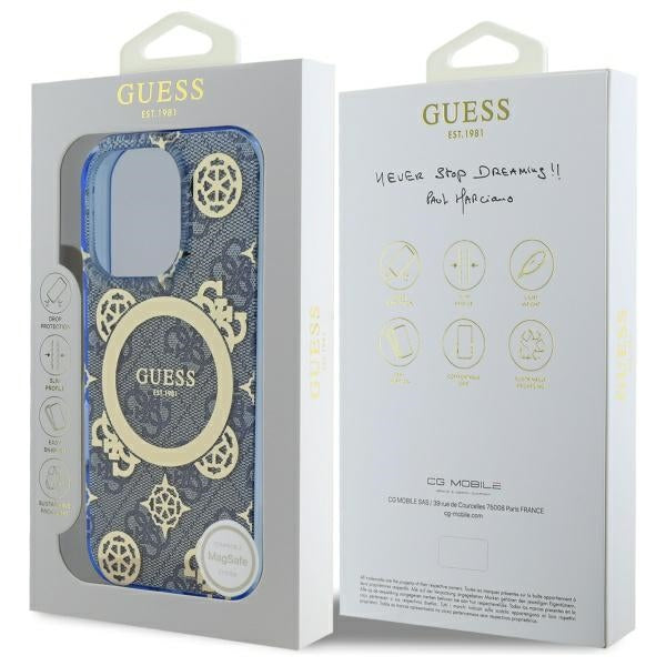 Puzdro MagSafe pre Apple iPhone 16 Pro, Guess, IML Peony On 4G Background, Modrá