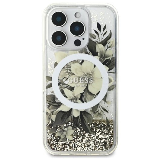 Puzdro MagSafe pre Apple iPhone 16 Pro, Guess, Liquid Glitter Flower, Bež