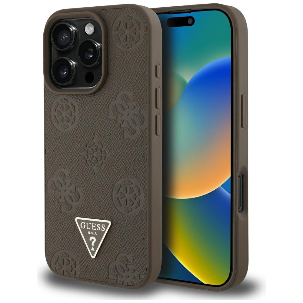 Puzdro MagSafe pre Apple iPhone 16 Pro, Guess, Peony Grained Hot Stamp Triangle, Hnedé