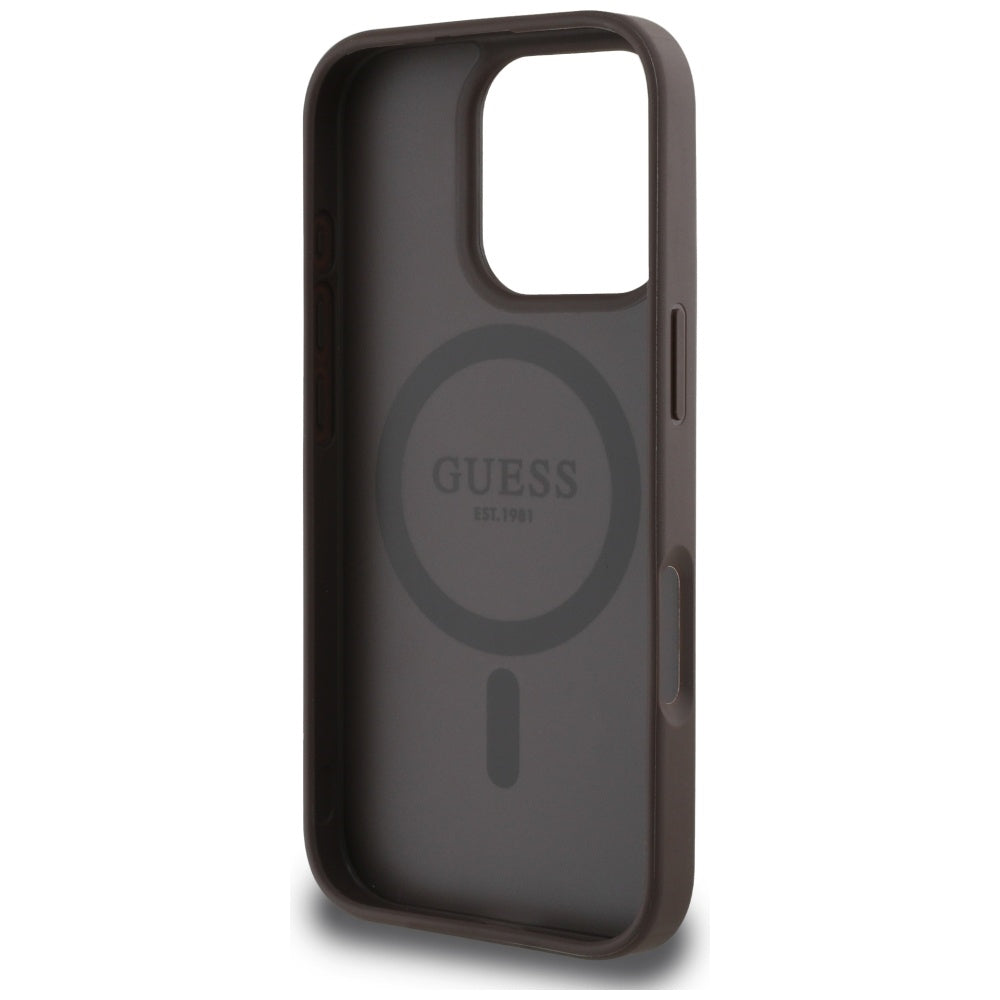 Puzdro MagSafe pre Apple iPhone 16 Pro, Guess, Peony Grained Hot Stamp Triangle, Hnedé