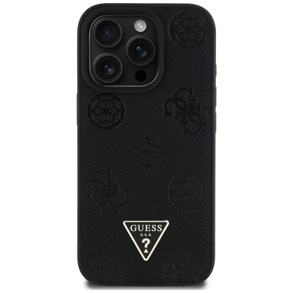 Puzdro MagSafe pre Apple iPhone 16 Pro, Guess, Peony Grained Hot Stamp Triangle, Čierne