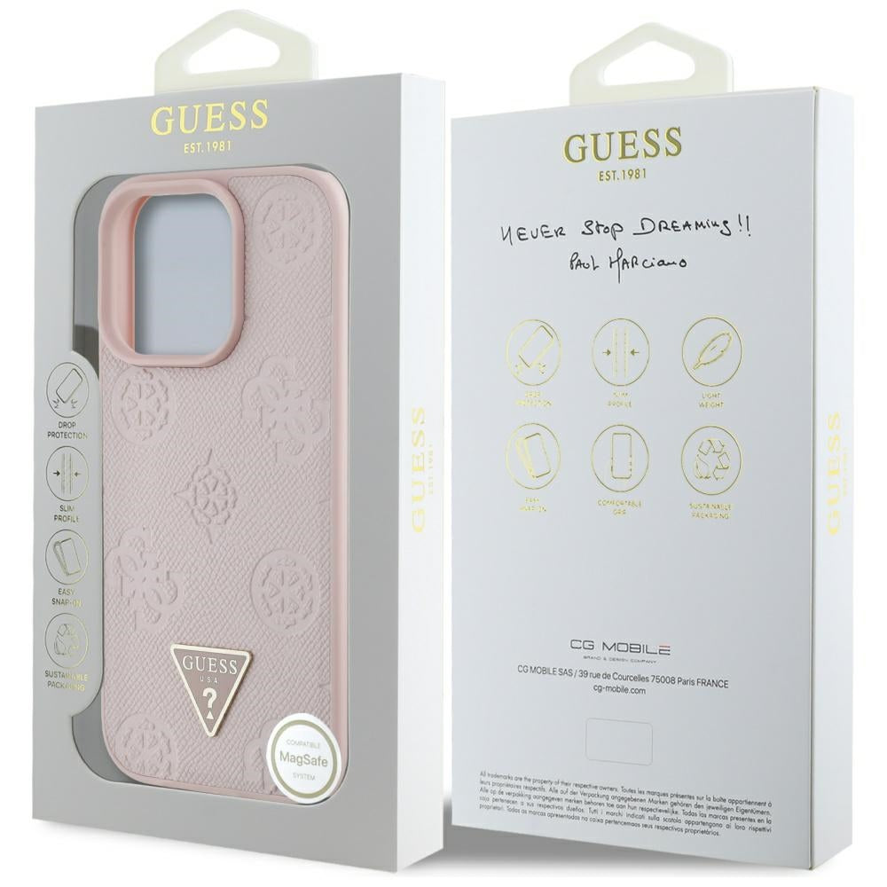 Puzdro MagSafe pre Apple iPhone 16 Pro, Guess, Peony Grained Hot Stamp Triangle, Ružové