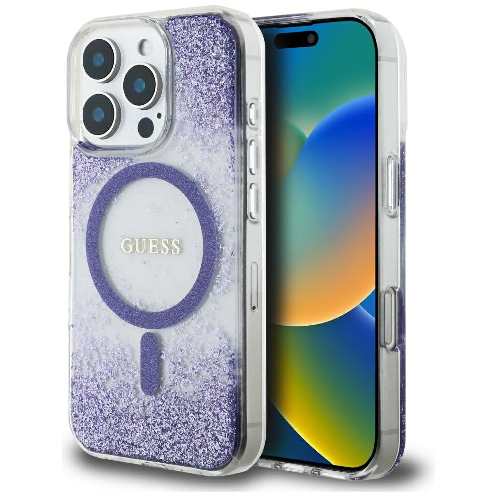 Puzdro MagSafe pre Apple iPhone 16 Pro, Guess, Resin Bottom Glitter, Fialová